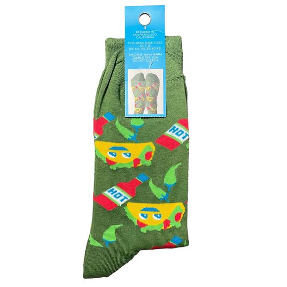 NEW Yellow Owl Workshop Men's Tacos Hot Sauce Cotton Crew Socks Green US 7 to 12 - Picture 3 of 7